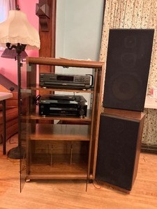 lot 23 image: Pioneer Elite Receiver VSX-41 with Technics 5 Disc Player in Cabinet with Stereo Speakers