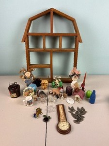 lot 67 image: Figurine Trinket Lot with Barn Shaped Wall Shelf