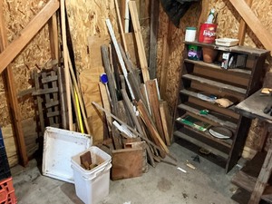 lot 172 image: Misc. Wood Plywood Scrap Lot Plus Wood Shelf