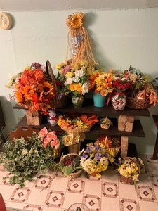 lot 202 image: Faux Flowers & Plants with Wood and Brick Shelf