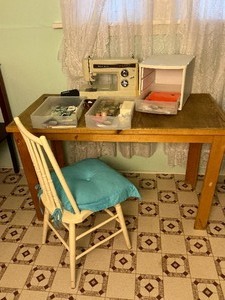 lot 230 image: Desk and Chair with Kenmore Sewing Machine Plus Small Cabinet with Misc. Sewing Items