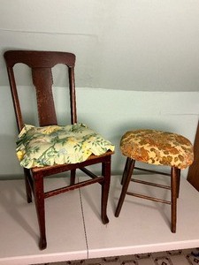 lot 232 image: Vintage Wood Chair with Stool
