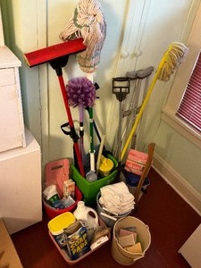 lot 274 image: Pile of Cleaning Supplies - Mops, Buckets, Towels