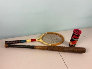lot 288 image: Vintage Sports Lot - Wood Bat, Tennis Balls and Racket