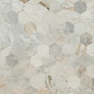 lot 424 image: MSI Peel N Stick Marble Mosaic Tile Arabescato Venato Hexagon 11.61x10  - 48.6- sf