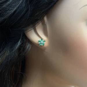 Marquise Emerald & Diamond Flower Cluster Stud Earrings in 14k Yellow Gold