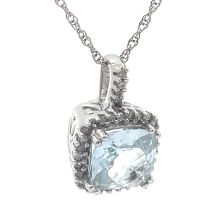 Aquamarine & Pav�Diamond Halo Pendant Necklace in White Gold