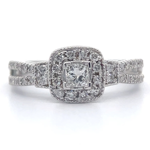0.50 Carat Princess Diamond Pav�Halo Split Shoulder Shank Ring in 14k White Gold VIDEO