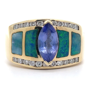 Marquise Tanzanite, Diamond Channel & Blue Opal Inlay Tapered Ring in 14k Yellow Gold VIDEO