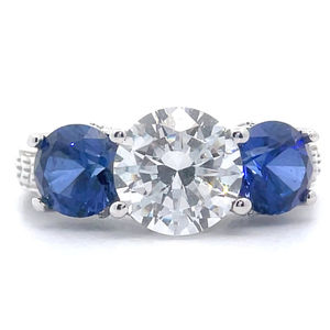 Blue & White Cubic Zirconia Three-Stone Textured�Ring in 14k White Gold VIDEO