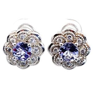 Tanzanite Flower Bloom Textured Omega Back Earrings VIDEO