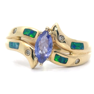 Marquise Tanzanite, Bezel Diamond & Opal Inlay Bypass Ring in 14k Yellow Gold VIDEO