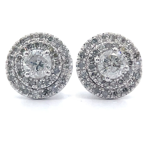 1 Carat Diamond Concentric Halo Round Stud Earrings in White Gold VIDEO