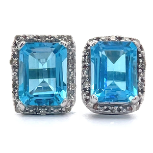 Emerald Cut Blue Topaz & Pav�Diamond Halo Stud Earrings in White Gold