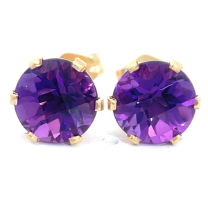 2 Carat Amethyst Round Checkerboard Cut Solitaire Stud Earrings in 14k Yellow Gold