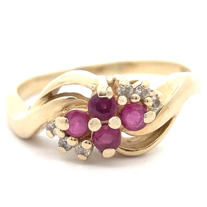 Ruby & Diamond Flower Cluster Curved Ring in 14k Yellow Gold
