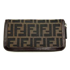Fendi Brown Zucca Pattern Canvas x Leather Round Zipper Long Wallet $600 Retail