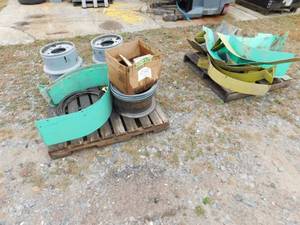 lot 44 image: 2 Pallets of Misc. Forklift Rims, Fender Kits, Lug Nuts and Tire Chains
