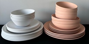 lot 56 image: Set of Pink Fable NY Dishes and Set of Six Crate & Barrell Dishes