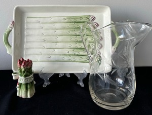 lot 65 image: Fun to Serve Asparagus Tray and Oregano Shaker by William Sonoma and Glass Pitcher with Etched Flowers