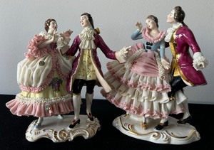 lot 70 image: Pair of Vintage Victorian Couple Dresden Art Porcelain Lace Figurines