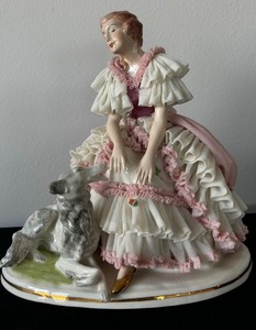 lot 71 image: Gorgeous Dresden Lace Figurine Lady with Dog Statue  Lady & Borzoi