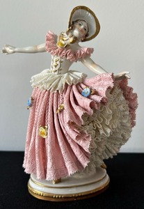 lot 75 image: Vintage Dresden Germany Woman in Pink and Gold Lace Dress Dancing