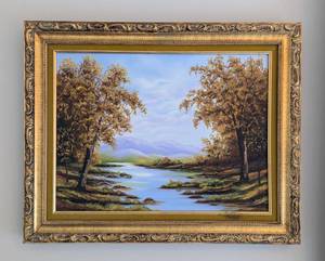 lot 29 image: Framed Scenic Landscape Oil on Canvas Painting by Bill Vetruba