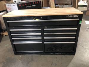 Husky Tool Storage 46 in. W x 18 in. D Mobile Workbench Cabinet in Gloss Black  Locked No Keys   Customer Returns See Pictures