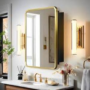 Lirago 16 in. W x 24 in. H Rectangular Recessed Surface Mount Medicine Cabinet Mirror Gold  Customer Returns See Pictures