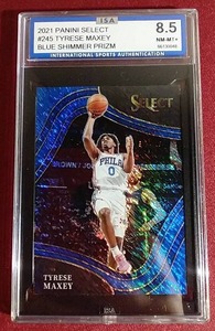 lot 27 image: 2021 Select Tyrese Maxey Blue Shimmer Prizm Courtside Card - ISA 8.5