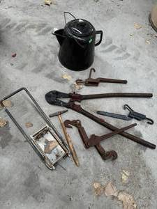 lot 58 image: Vintage Enamel Coffee Pot with Cable Cutter and other tools