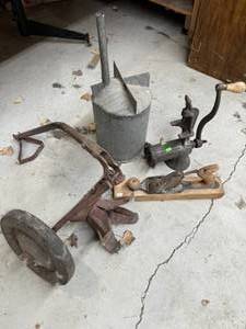lot 61 image: Vintage Unique Funnel, Meat Grinder Wood Plane and wagon wheel