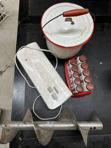 lot 75 image: Enamel Pot with Lid, Auger and storage containers