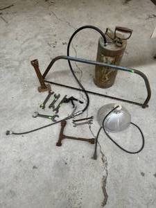 lot 77 image: Vintage Yard Sprayer, Saw and Tools