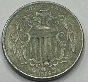 lot 2 image: 1866 Shield Nickel (first year, F  VF condition)
