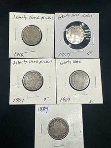 lot 7 image: Mix of 5 Liberty V Nickels (including 1889)