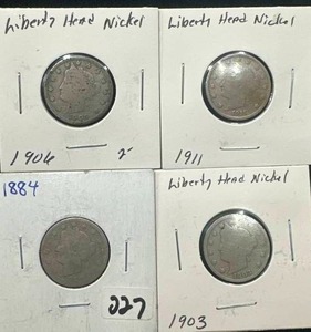 lot 8 image: Mix of 4 Liberty V Nickels (including 1884)
