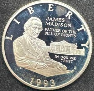 lot 16 image: 1993-S Gem Proof James Madison 90% Silver Half Dollar