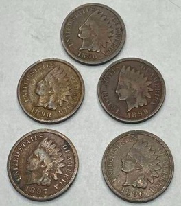 lot 36 image: Lot of 5 Pre 1900s Indian Head Pennies