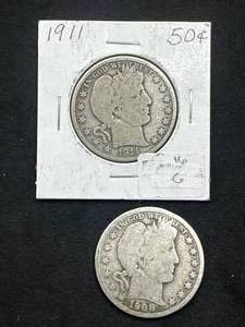lot 45 image: 1908-D & 1911 Barber Half Dollars