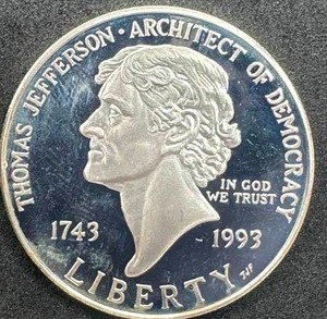 lot 66 image: 1993-S Thomas Jefferson Proof Dollar 90% Silver