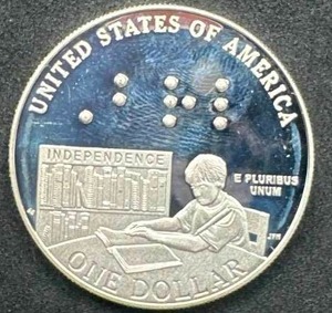 lot 67 image: 2009-P Louis Braille Proof 90% Silver Dollar (near perfect)