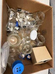 Assorted Box of Bottles, Jars, Funnels, Glassware, No Shipping