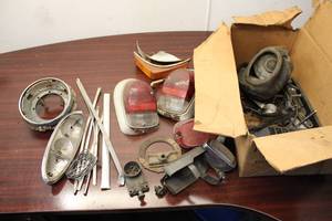 Lot of Vintage Car Parts Including Tail Lights and Trim Pieces