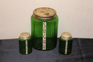 lot A-6 image: Vintage Green Glass Canister Set - Salt, Sugar, and Pepper