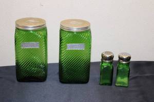 lot A-9 image: Vintage Green Glass Canisters Set with Steel Lids and Salt & Pepper Shakers