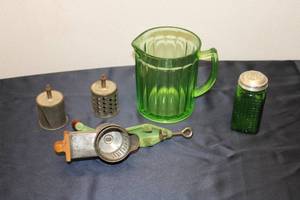 lot 10 image: Vintage Uranium Green Glass Pitcher and Kitchen Tools Set