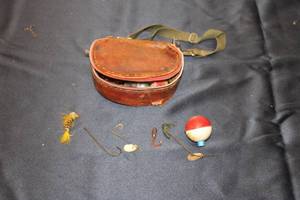 lot 20 image: Vintage Leather Fishing Tackle Box with Fishing Accessories