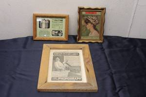 lot 27 image: Lot of 3 Vintage Framed Artwork including Edison Records Advertisement and Pressure Cooker Ad